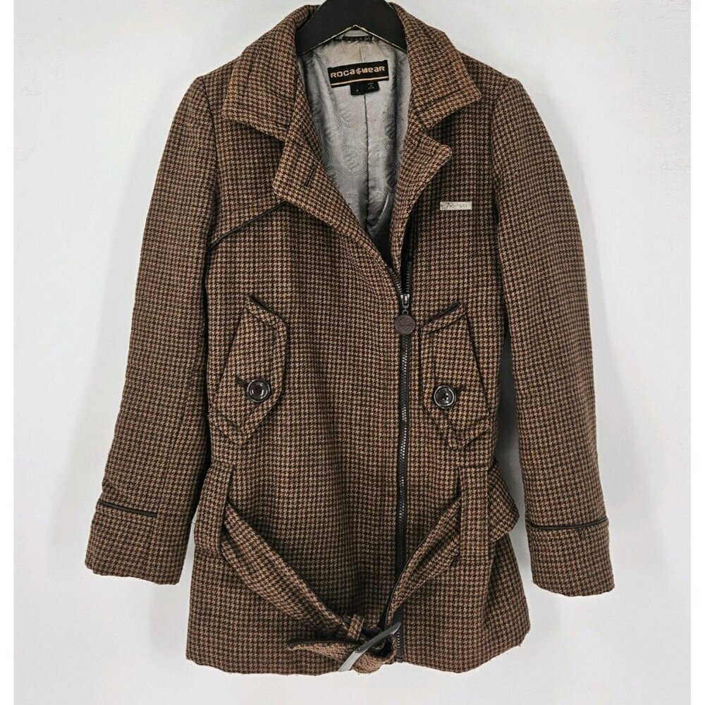 Rocawear Wool Blend Brown Houndstooth Vtg Sz S Jacket Belted Asymmetrical Zip